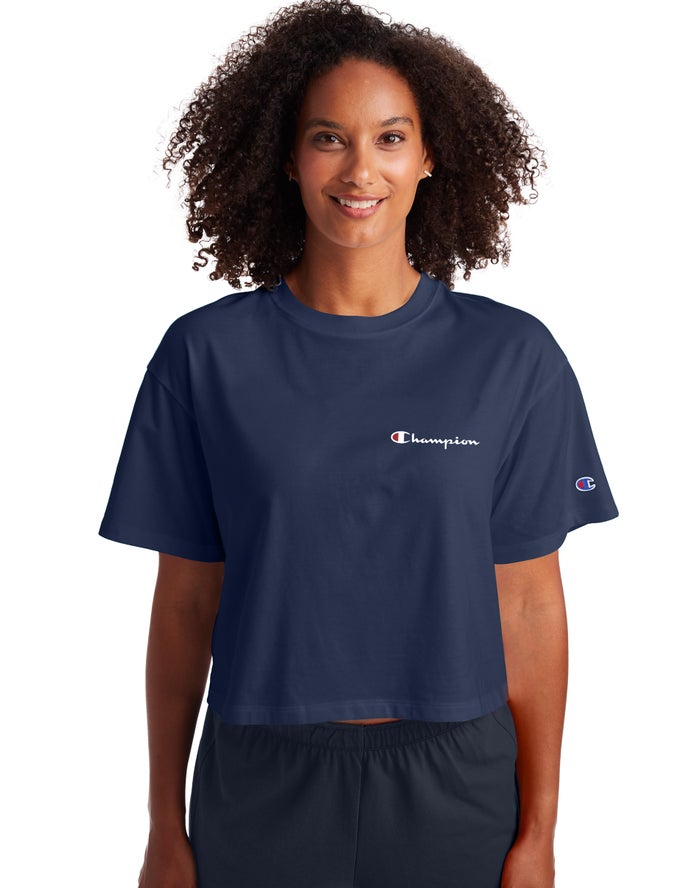 Champion T-Shirt Dames - Donkerblauw - Cropped Script Logo ( 610832-TRP )